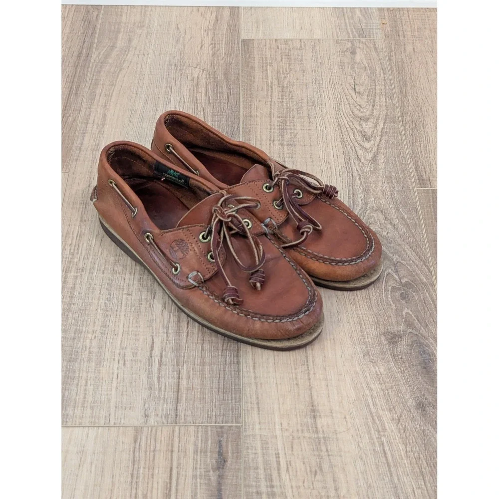 Vintage Timberland Boat Shoes Mens 7.5 M Brown Leather 2 Eye Handsewn USA Made